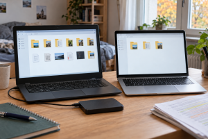 Zwei Notebooks und eine externe Festplatte auf einem Schreibtisch (Bild: RecoveryLab; KI-generiert)