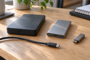 Externe Festplatte, SSD und USB-Stick, alle mit USB-C-Anschluss (Bild: RecoveryLab; KI-generiert)