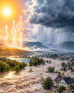 Hochwasser: Folgen des Klimawandels oft unterschätzt (KI-Bild: ChatGPT/Dall-E)
